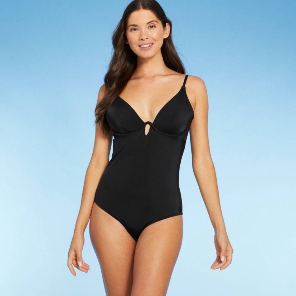 NWT Shade & Shore Black Underwire Keyhole One Piece Swimsuit 36C